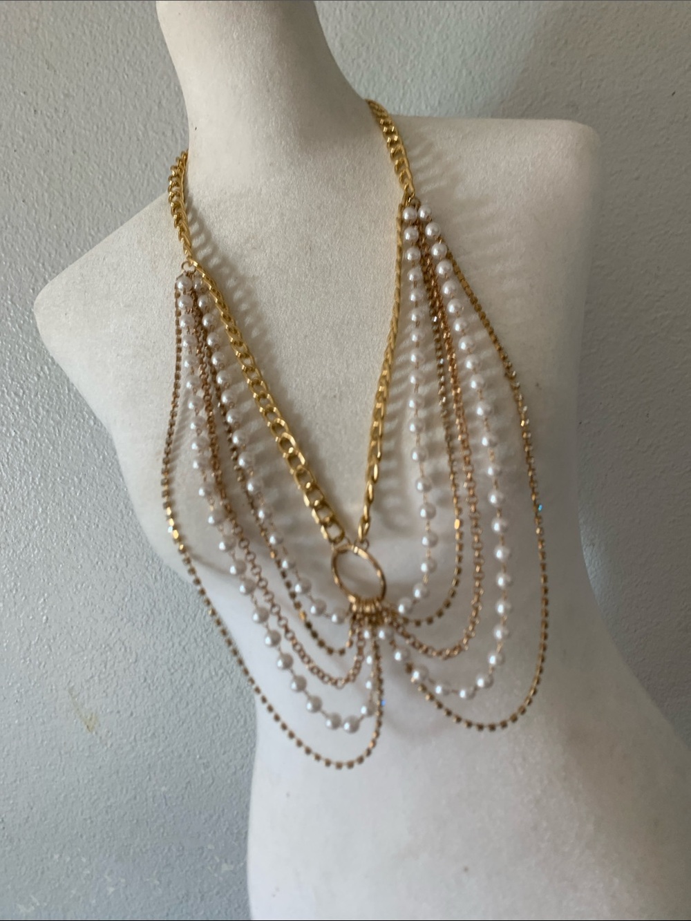Hand Crafted Gold and White Multi-Strand Pearl Draped Necklace - Picture 4 of 4